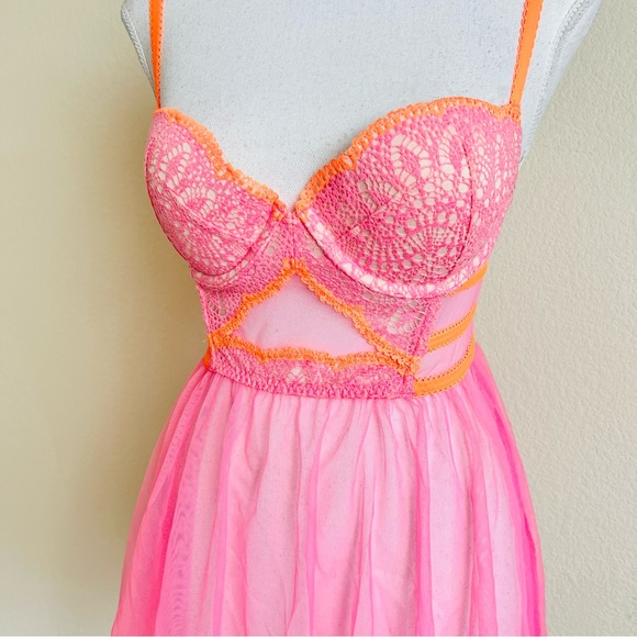 Victoria’s Secret Pink & Orange Lace Babydoll Push-Up Bustier Lingerie Teddy - Picture 4 of 16
